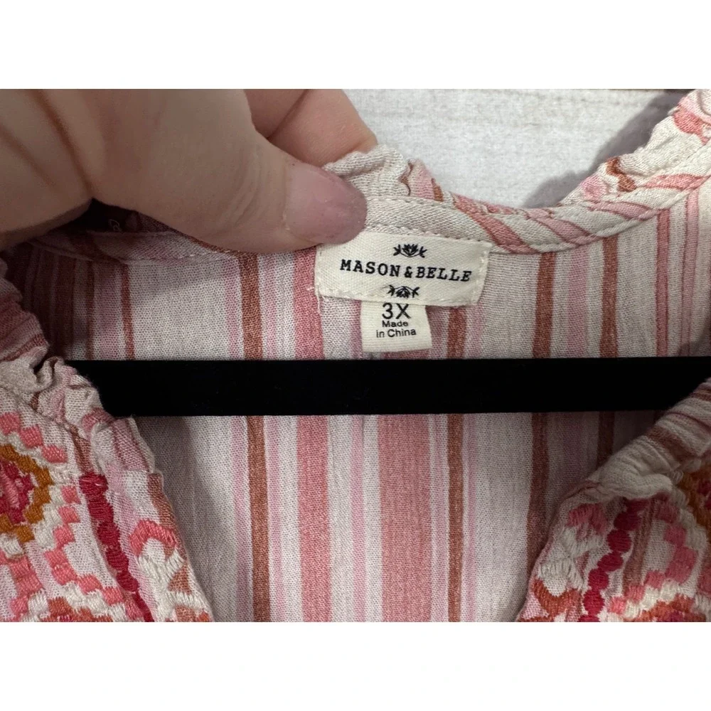 Mason & Belle Pink Red Striped Embroidered V-Neck Flutter Sleeve Blouse 3X - Picture 3 of 6